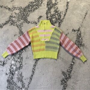 Sincerely Jules Sweater Womens Size S Yellow Multicolor Striped 1/4 Zip Cropped